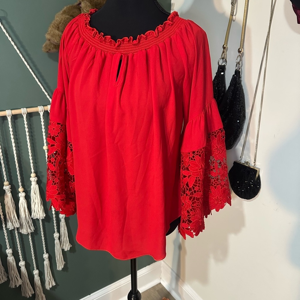 SOLD Ribkoff Red Blouse Size 6 Floral Lace Bell Sleeve Top Made in Canada